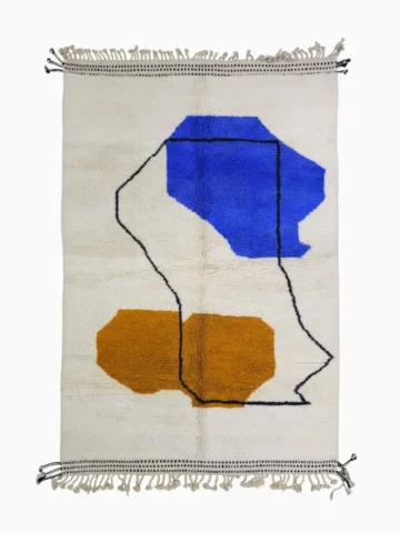 Top View of Handmade Moroccan wool rug with blue and mustard abstract design and black outline