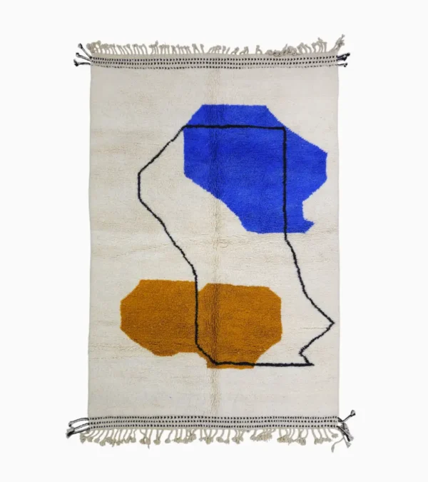 Top View of Handmade Moroccan wool rug with blue and mustard abstract design and black outline