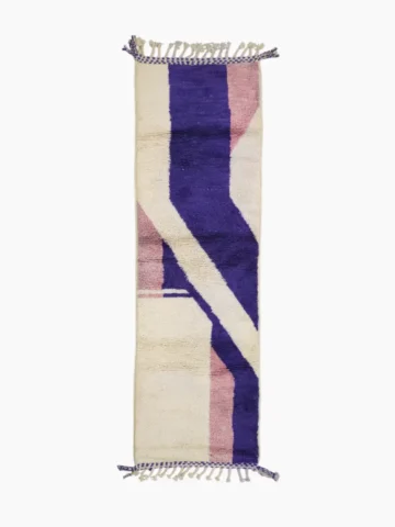 Top View of Nadia handmade Beni Ourain wool runner rug with an abstract color block design in pink and purple