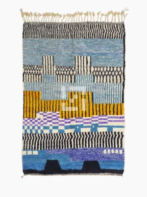 Top View of Nareen handmade Beni Mrirt wool rug with a contemporary bohemian abstract geometric design in blue, yellow, and black