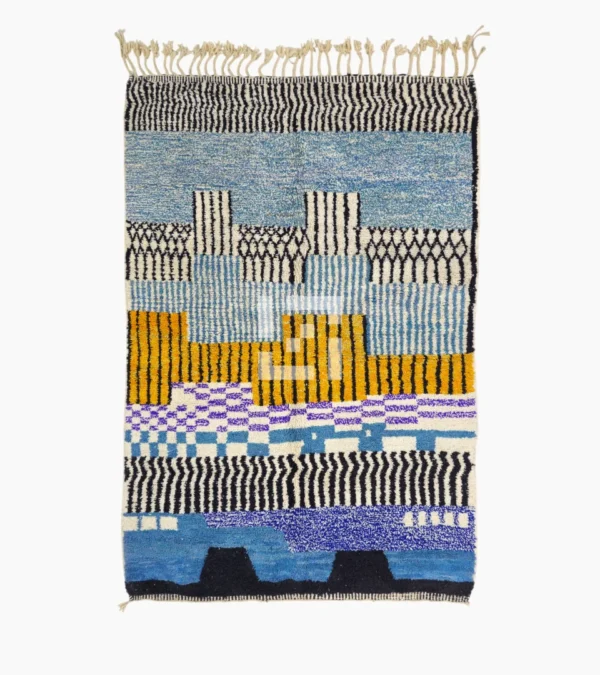 Top View of Nareen handmade Beni Mrirt wool rug with a contemporary bohemian abstract geometric design in blue, yellow, and black