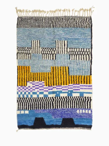 Top View of Nareen handmade Beni Mrirt wool rug with a contemporary bohemian abstract geometric design in blue, yellow, and black