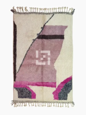 Top View of Naya handmade Beni Ourain wool rug with a contemporary abstract design in shades of pink and gray