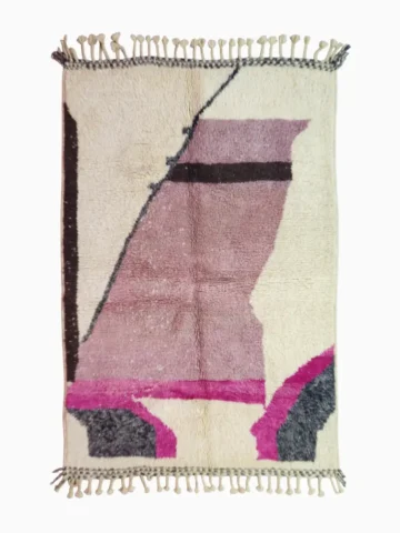 Top View of Naya handmade Beni Ourain abstract wool rug with a contemporary abstract design in shades of pink and gray