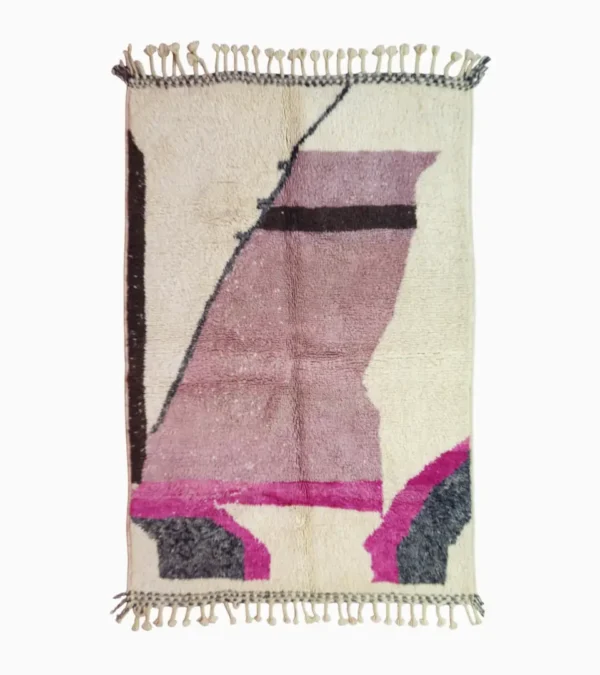 Top View of Naya handmade Beni Ourain abstract wool rug with a contemporary abstract design in shades of pink and gray