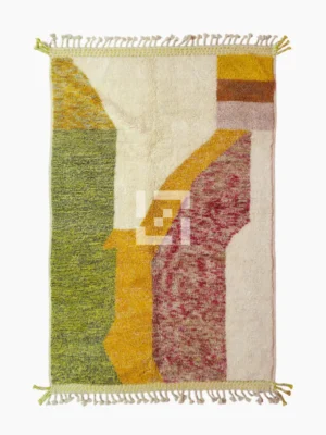 Top View of Naya handmade Azilal wool rug with a contemporary color blocks design in yellow, green, pink, brown, and ivory