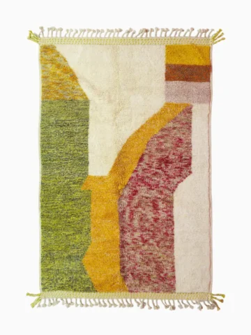 Top View of Naya handmade Azilal wool rug with a contemporary color blocks design in yellow, green, pink, brown, and ivory