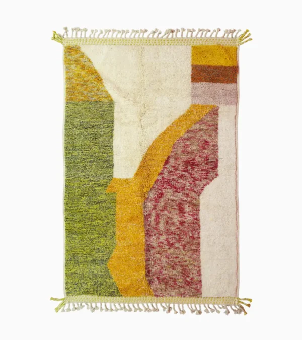 Top View of Naya handmade Azilal wool rug with a contemporary color blocks design in yellow, green, pink, brown, and ivory