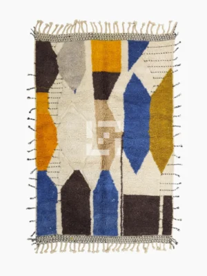 Top View of Nayla handmade Beni Ourain wool rug with a vibrant multicolor geometric design and a high/low textured pile