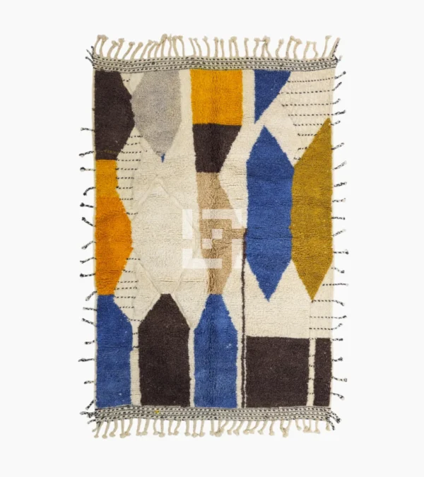 Top View of Nayla handmade Beni Ourain wool rug with a vibrant multicolor geometric design and a high/low textured pile