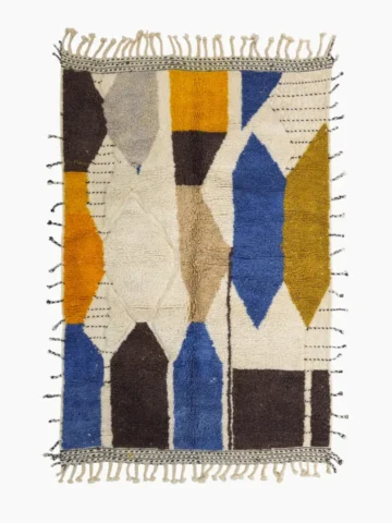 Top View of Nayla handmade Beni Ourain wool rug with a vibrant multicolor geometric design and a high/low textured pile