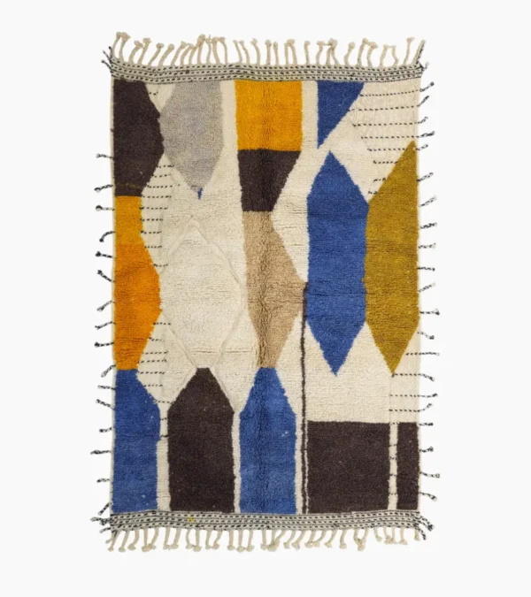 Top View of Nayla handmade Beni Ourain wool rug with a vibrant multicolor geometric design and a high/low textured pile