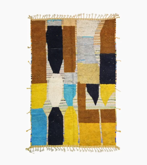 Top View of Nayla handmade Azilal wool rug with a bohemian patchwork abstract design in multiple colors