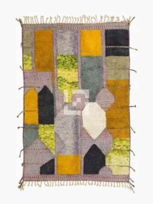 Top View of Nayla handmade Azilal wool rug with a bohemian geometric patchwork design in multiple colors including purple, yellow, gray, black, cream, brown, and green