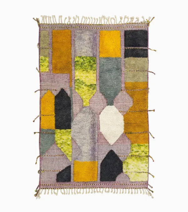 Top View of Nayla handmade Azilal wool rug with a bohemian geometric patchwork design in multiple colors including purple, yellow, gray, black, cream, brown, and green