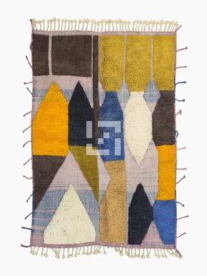 Top View of Nayla handmade Beni Ourain wool rug with a colorful geometric design and tassels