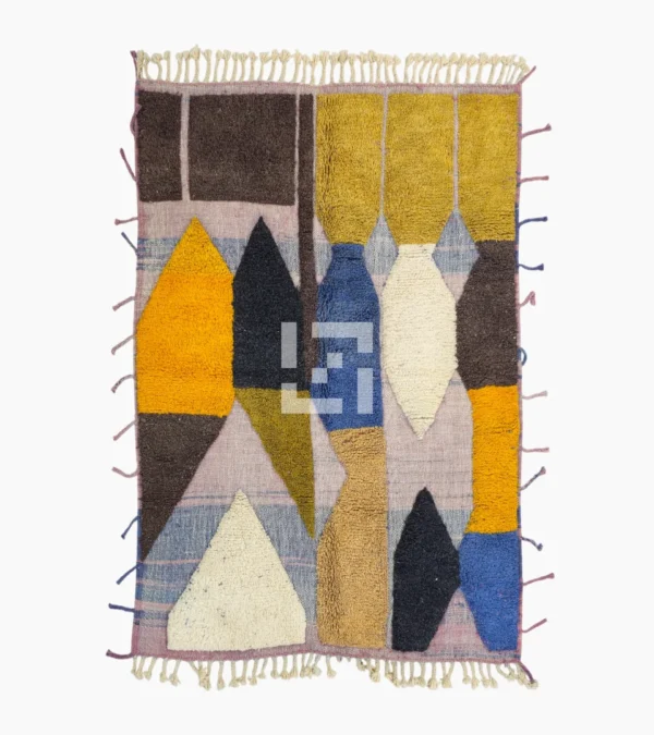 Top View of Nayla handmade Beni Ourain wool rug with a colorful geometric design and tassels
