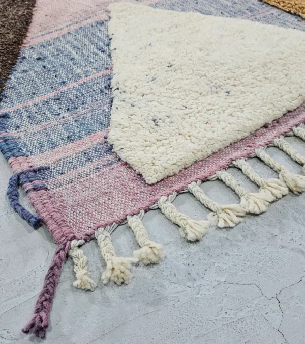 Detailed View of Nayla handmade Beni Ourain wool rug with a colorful geometric design and tassels