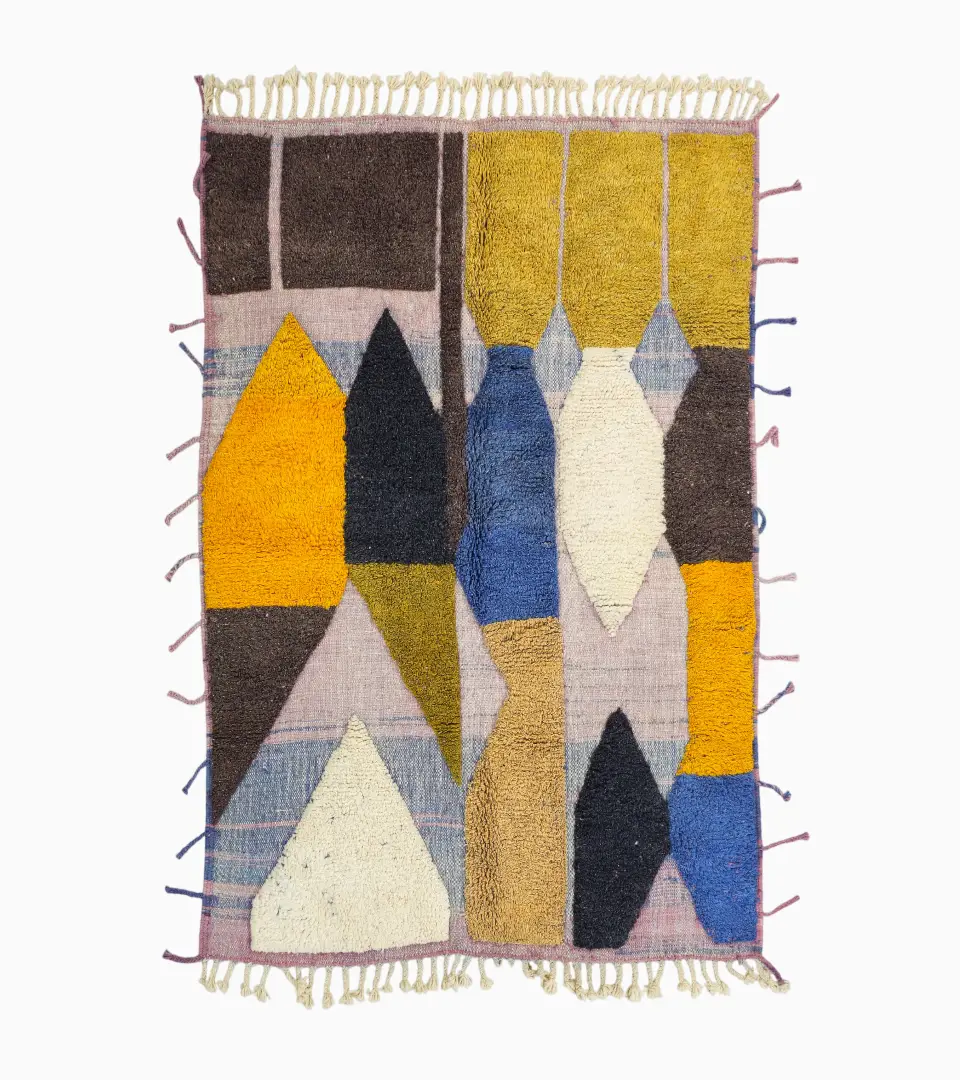 Top View of Nayla handmade Beni Ourain wool rug with a colorful geometric design and tassels