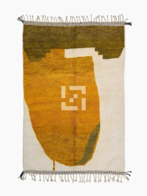 Top View of Neo handmade Beni Ourain wool rug with a bold abstract design in mustard yellow and olive green