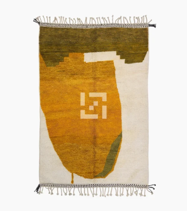 Top View of Neo handmade Beni Ourain wool rug with a bold abstract design in mustard yellow and olive green