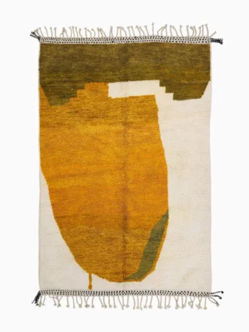 Top View of Neo handmade Beni Ourain wool rug with a bold abstract design in mustard yellow and olive green