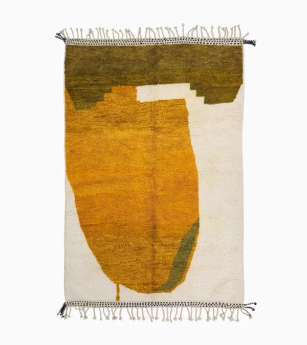 Top View of Neo handmade Beni Ourain wool rug with a bold abstract design in mustard yellow and olive green