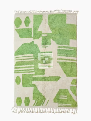 Top View of Neon handmade Beni Ourain wool rug with an abstract green design