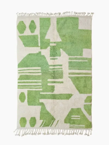 Top View of Neon handmade Beni Ourain wool rug with an abstract green design
