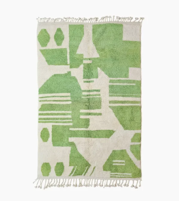 Top View of Neon handmade Beni Ourain wool rug with an abstract green design