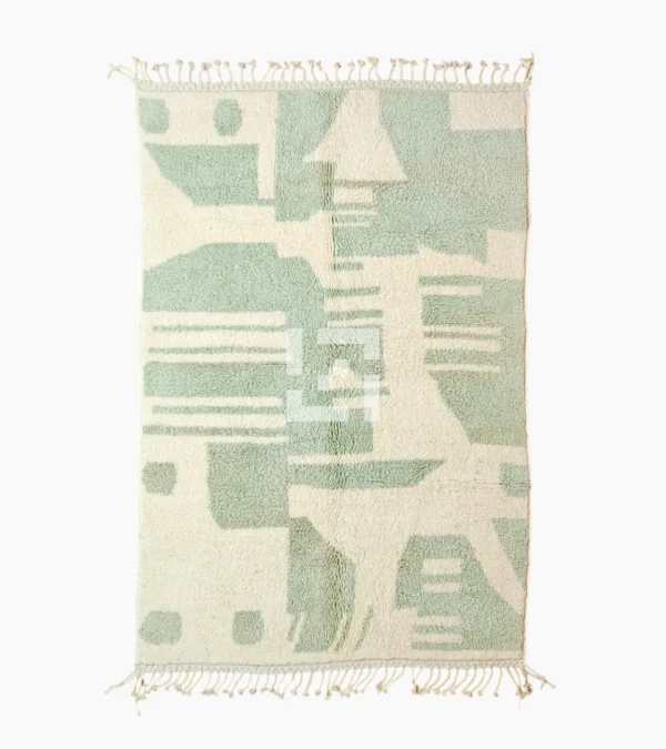 Top View of Handmade Moroccan rug with a modern abstract interlocking geometric design in neon green and off-white