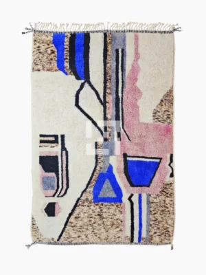 Top View of Handmade Moroccan wool rug with an abstract sketch design in pink, blue, brown, black, and off-white