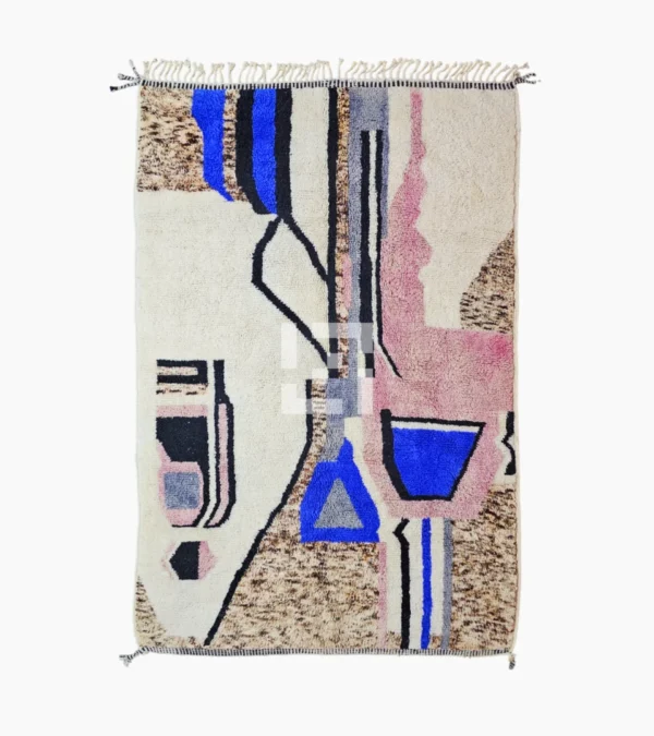 Top View of Handmade Moroccan wool rug with an abstract sketch design in pink, blue, brown, black, and off-white