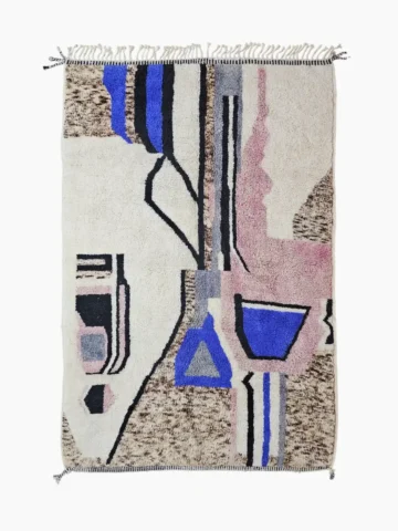 Top View of Handmade Moroccan wool rug with an abstract sketch design in pink, blue, brown, black, and off-white