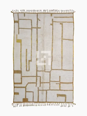 Top View of Noor handmade Beni Ourain wool rug with a minimalist labyrinth geometric pattern in yellow and ivory