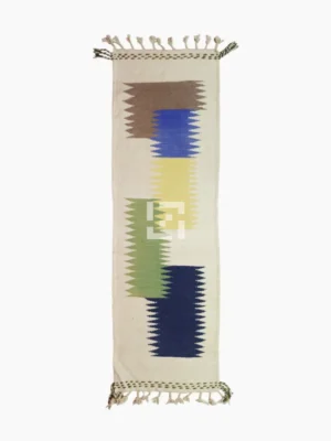 Top View of Nora handmade Kilim wool runner rug with colorful jagged vertical stripes