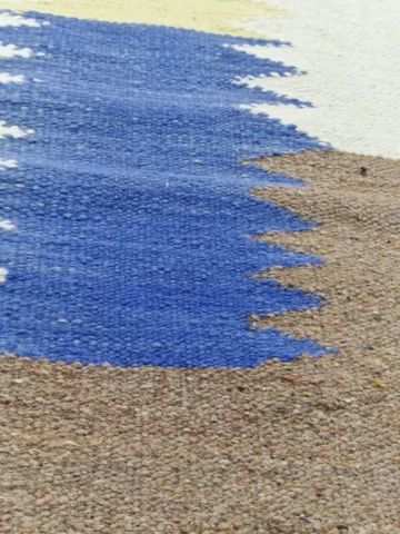 Detailed View of Nora handmade Kilim wool runner rug with colorful jagged vertical stripes