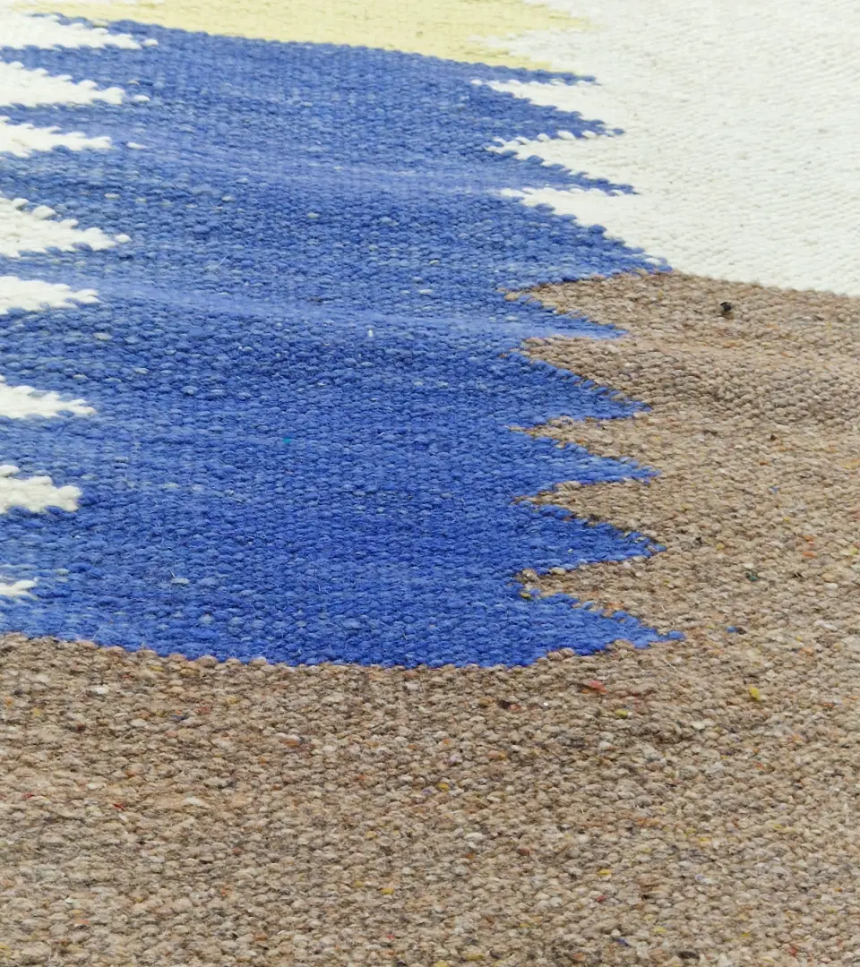 Detailed View of Nora handmade Kilim wool runner rug with colorful jagged vertical stripes