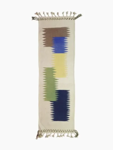 Top View of Nora handmade Kilim wool runner rug with colorful jagged vertical stripes