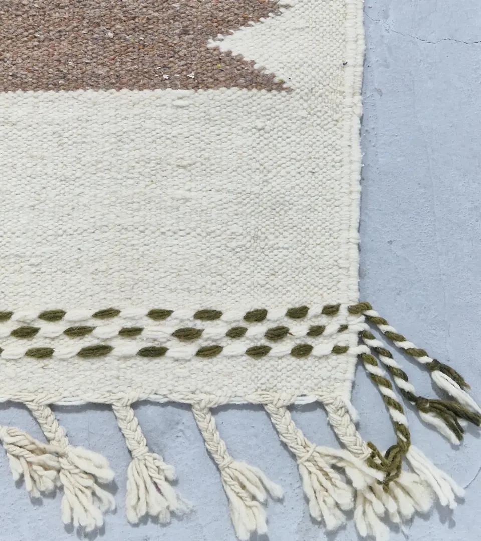 Detailed View of Nora handmade Kilim wool runner rug with colorful jagged vertical stripes