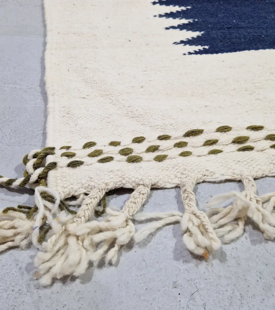 Detailed View of Nora handmade Kilim wool runner rug with colorful jagged vertical stripes