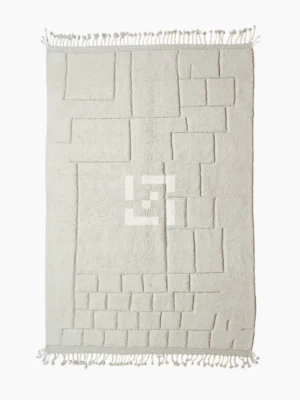 Top View of Handmade Moroccan wool rug in cream with raised abstract rectangles