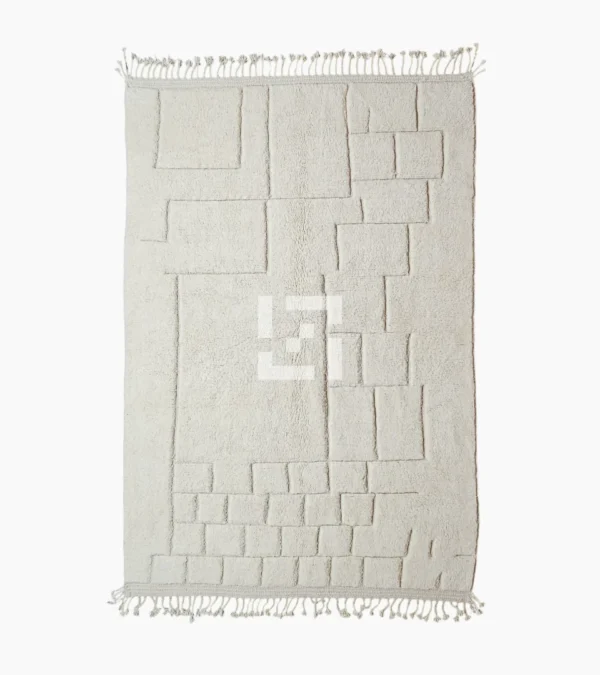 Top View of Handmade Moroccan wool rug in cream with raised abstract rectangles