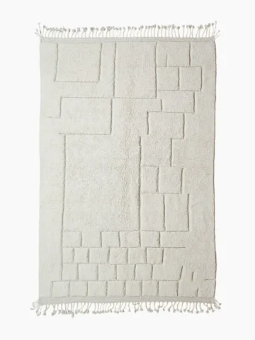 Top View of Handmade Moroccan wool rug in cream with raised abstract rectangles