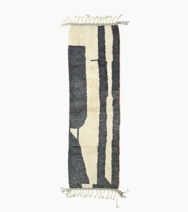Top View of Nova handmade Beni Ourain wool runner with an abstract striped design in gray and ivory