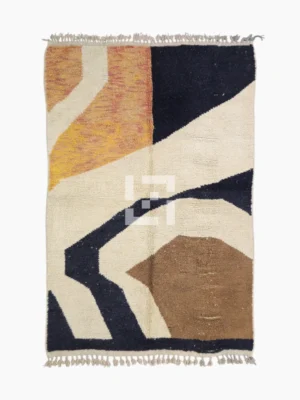 Top View of Nova handmade Beni Ourain wool rug with a contemporary curves design in navy blue, brown, mustard yellow, and ivory