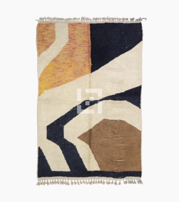 Top View of Nova handmade Beni Ourain wool rug with a contemporary curves design in navy blue, brown, mustard yellow, and ivory