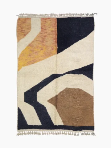 Top View of Nova handmade Beni Ourain wool rug with a contemporary curves design in navy blue, brown, mustard yellow, and ivory