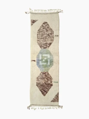 Top View of Orin handmade Beni Mrirt wool runner with an abstract diamond design in brown, green, and ivory