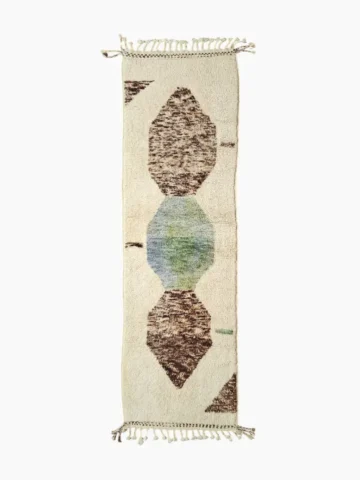 Top View of Orin handmade Beni Mrirt wool runner with an abstract diamond design in brown, green, and ivory